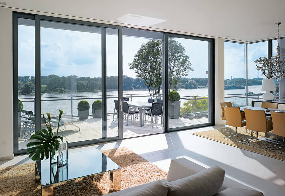 Grey aluminium sliding patio doors