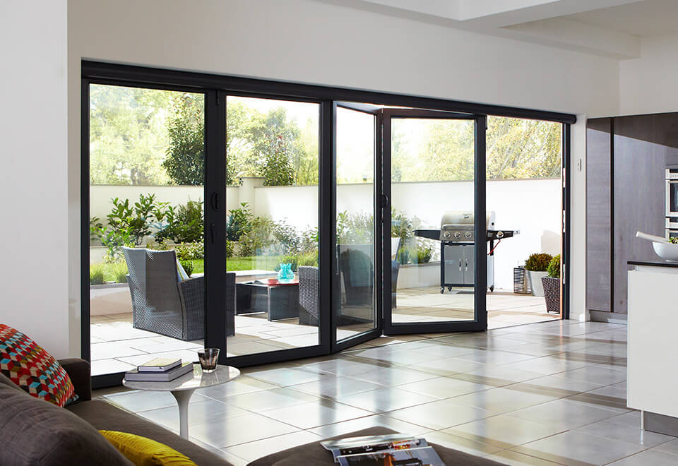 Black aluminium bifold door interior view